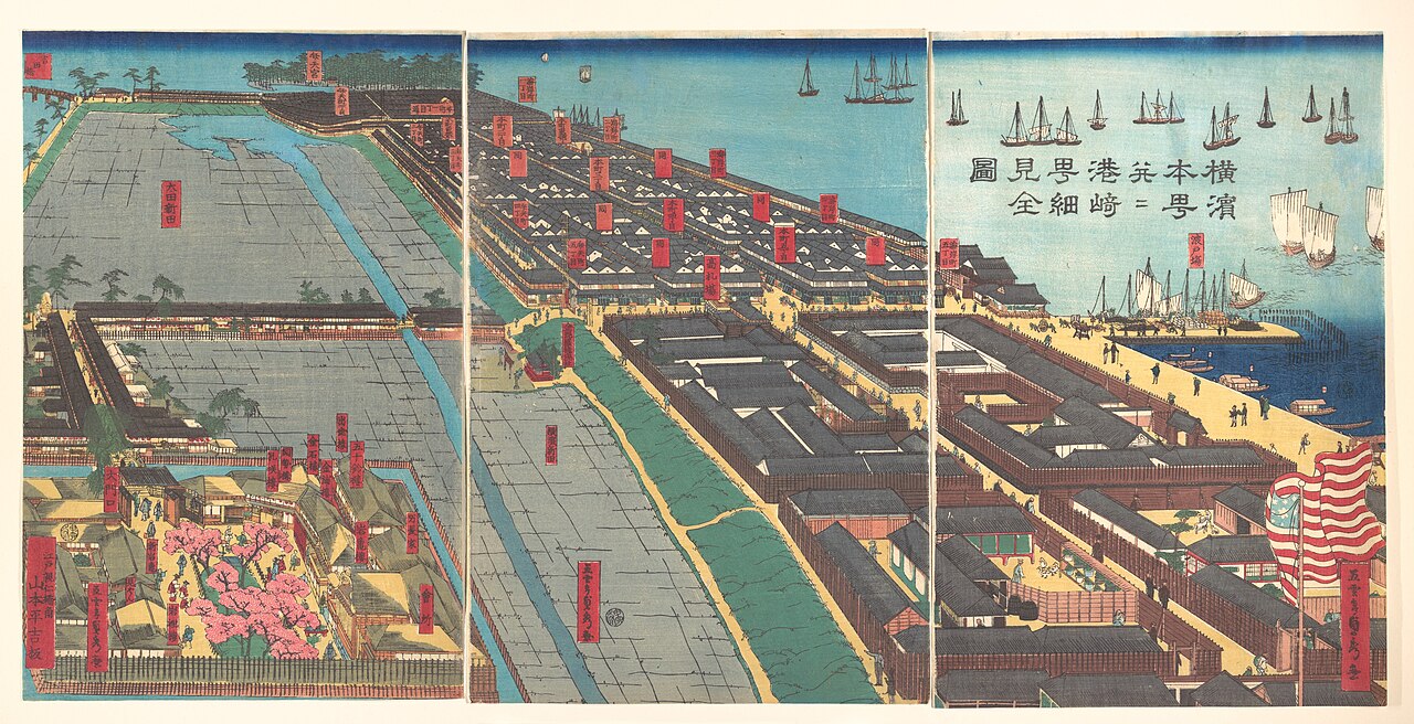 1860年に描かれた横浜本町と港崎遊廓の鳥瞰図