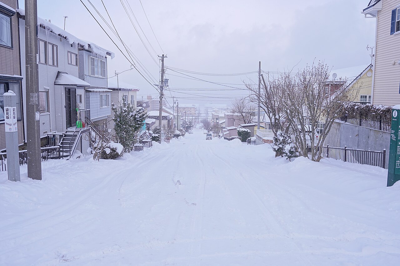 雪に覆われた函館・姿見坂。坂の両側に住宅が並ぶ