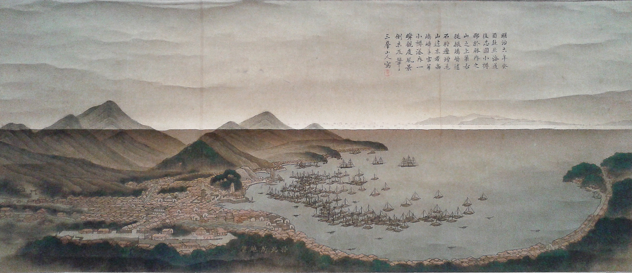 1873年に描かれた小樽港の眺め(今村三峰の絵)