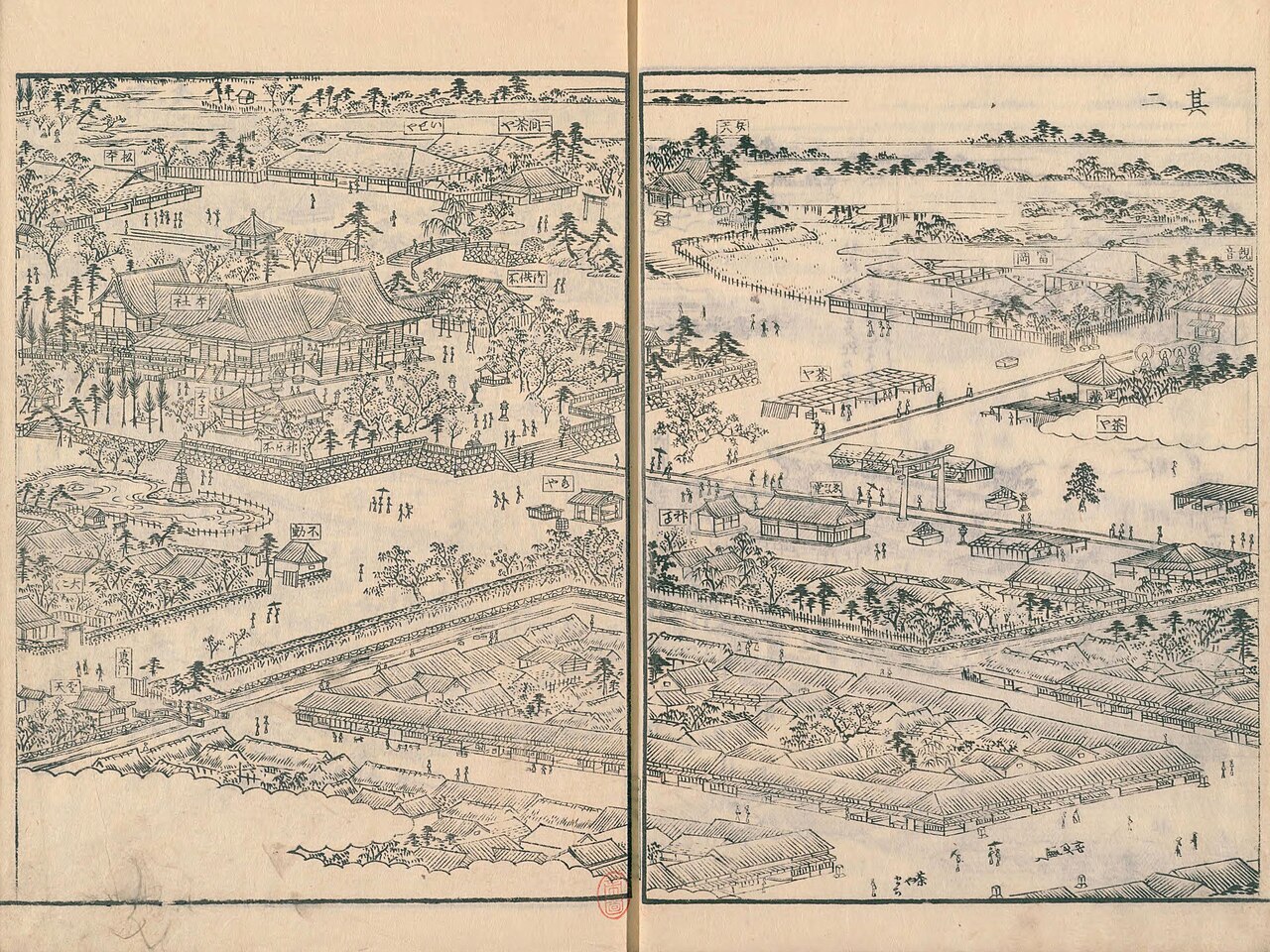 富岡八幡宮の社殿と周囲の町並みを俯瞰して描いた墨摺の挿絵