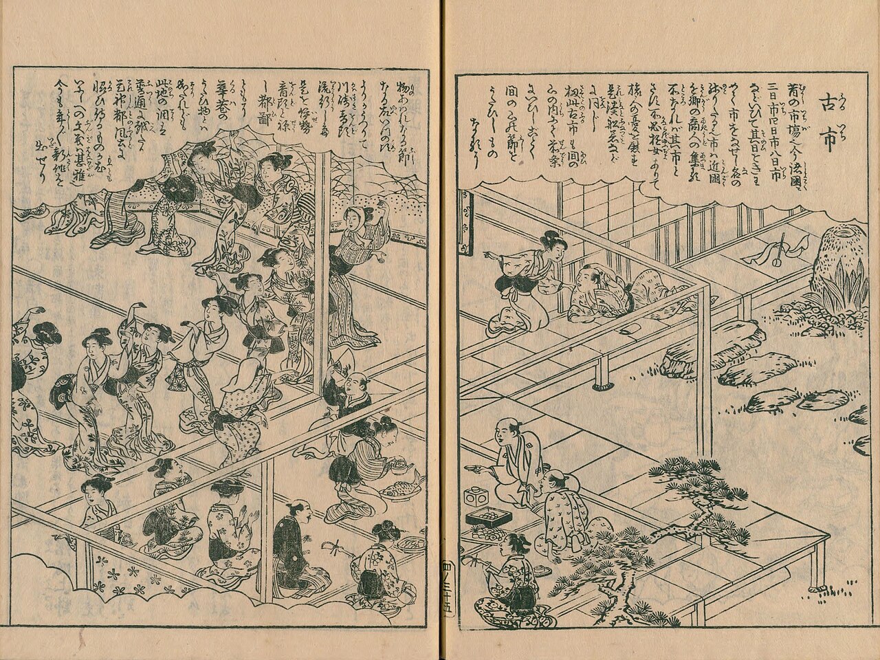 江戸時代の木版画。広間に並んだ人々が踊る古市の様子が見開きで描かれ、右側に解説文が添えられている