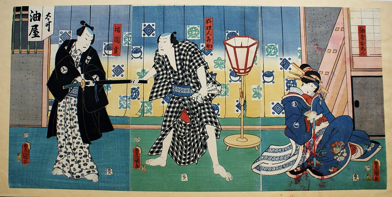 歌舞伎『伊勢音頭恋寝刃』の一場面を描いた浮世絵。左上に「油屋」の文字があり、3人の役者が描かれている