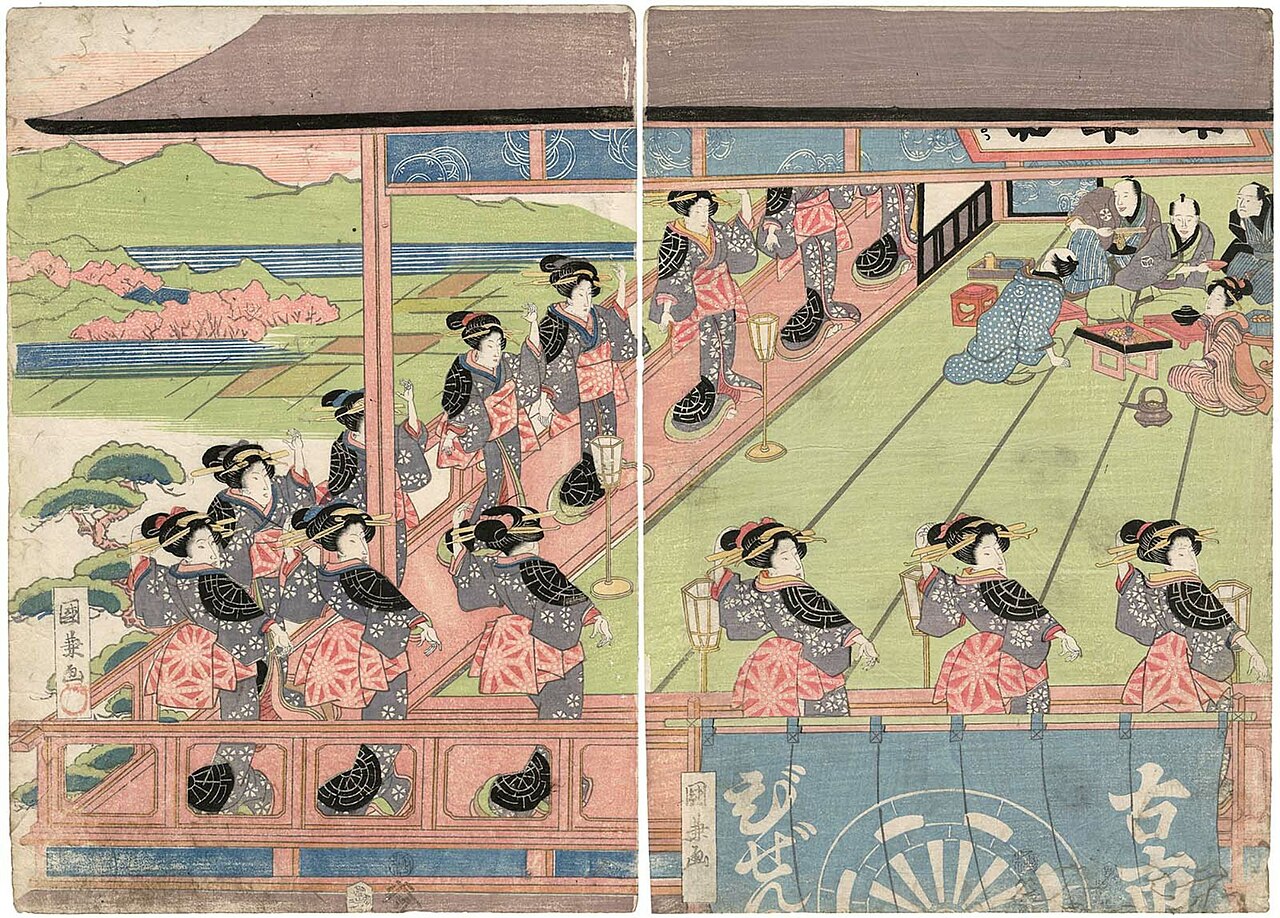 古市の備前屋の座敷で、大勢の女性が並んで伊勢音頭を踊る浮世絵