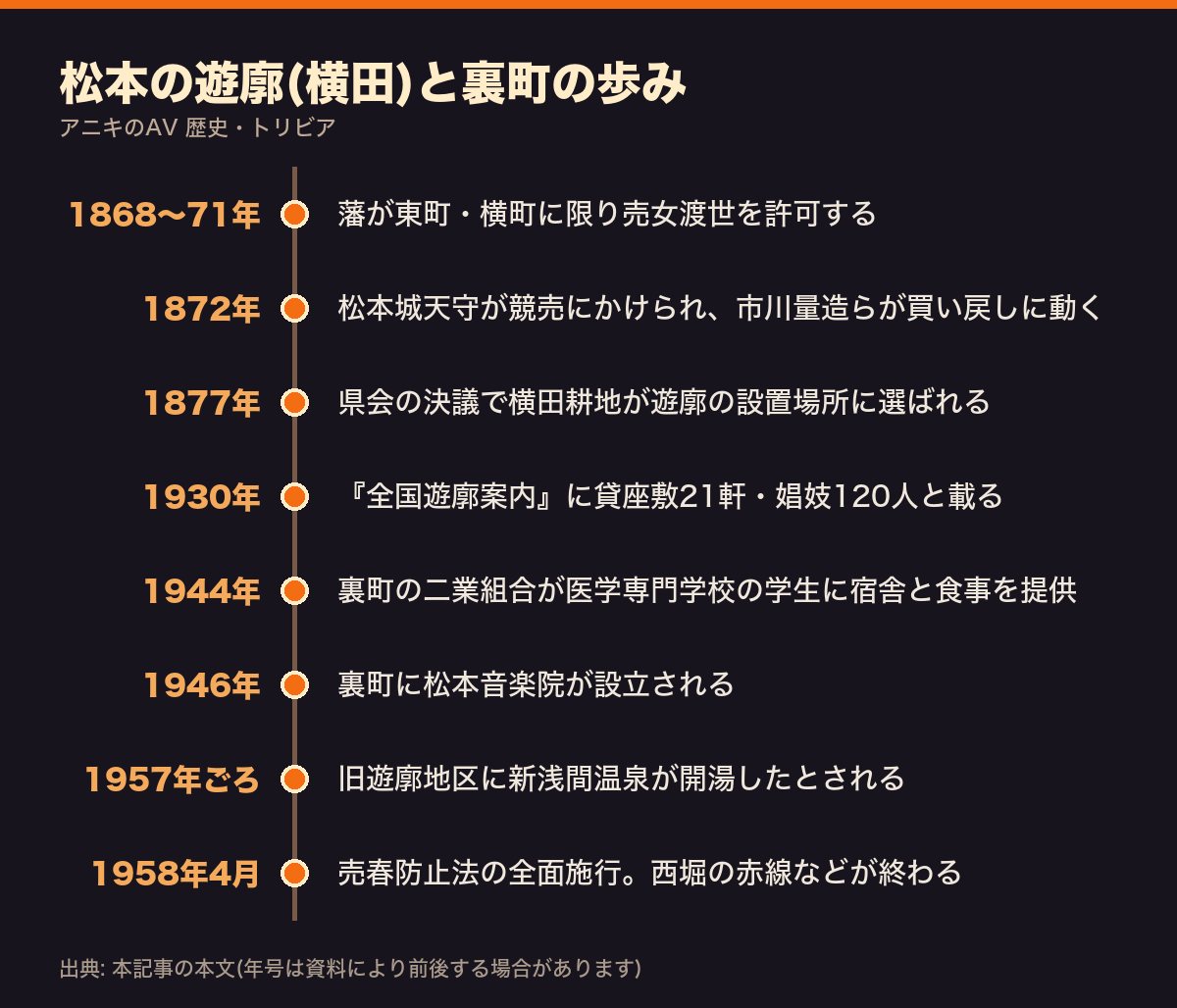 松本の横田遊廓と裏町の花街の歩みを、1868〜71年の売女渡世の許可から1958年の売春防止法全面施行まで並べた年表