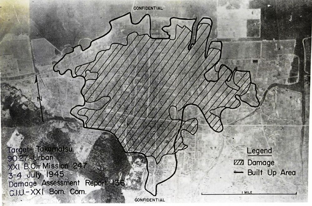 1945年7月3〜4日の高松空襲の被害範囲を示す米軍の地図